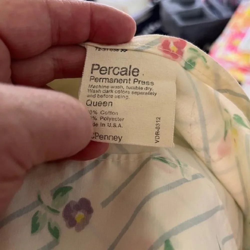 Vintage Queen Size Flat sheet in beautiful diagonal stripe rose floral, JC Penne